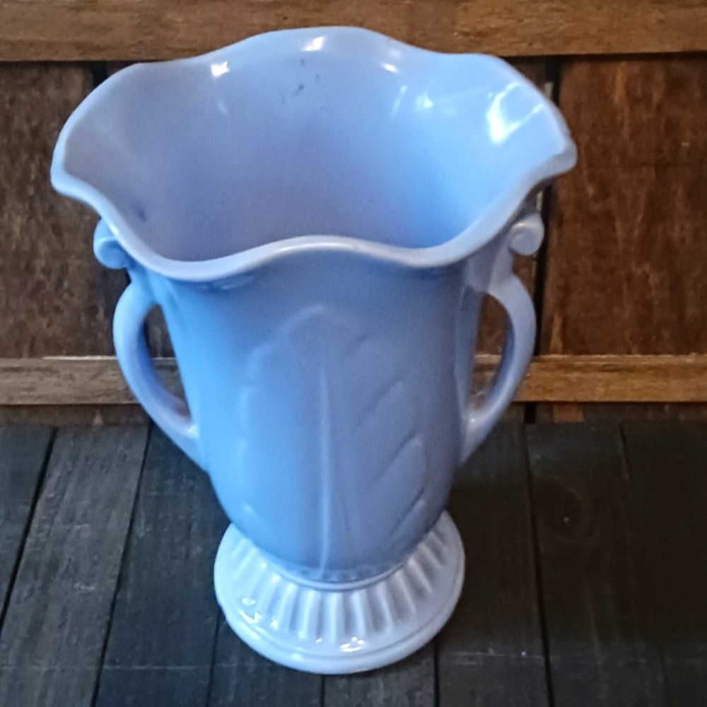 Vtg USA Satin Blue Pottery Ribbed Double Handled Art Deco Vase